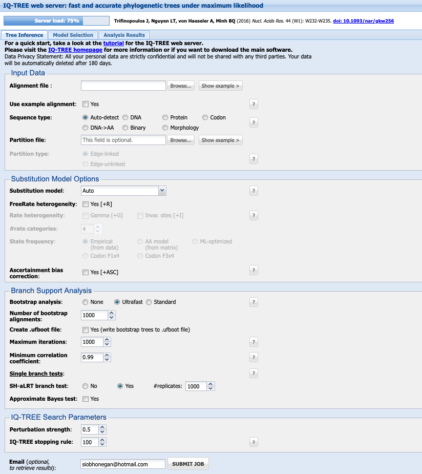 IQ-TREE webserver interface