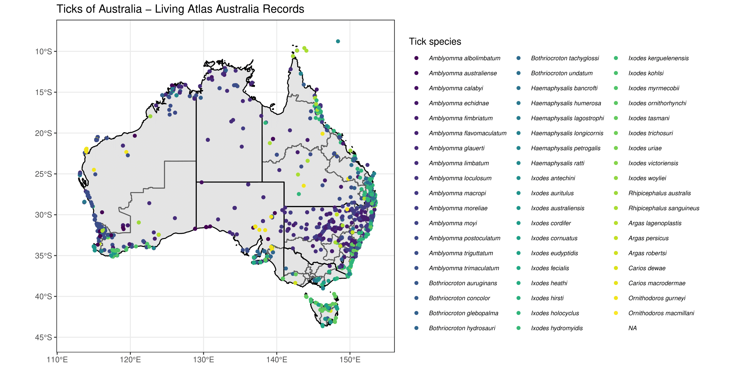 Occurrence map of ticks (Acari: Ixodida) records sourced from the Atlas of Living Australia (www.ala.org.au), data has not been curated.