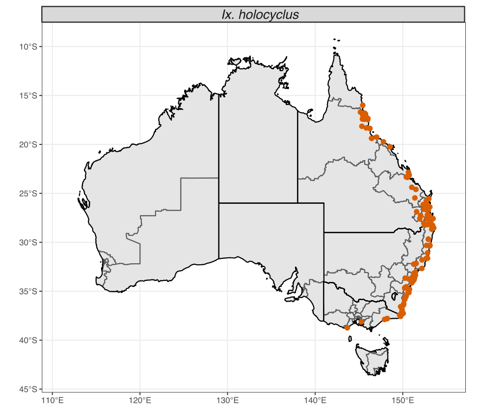 Occurrence map of \textit{Ixodes holocyclus} records in Australia.