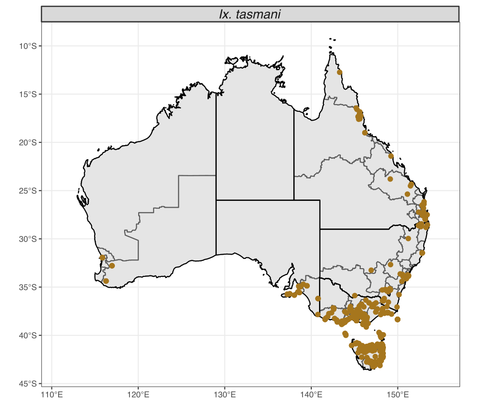 Occurrence map of \textit{Ixodes tasmani} records in Australia.