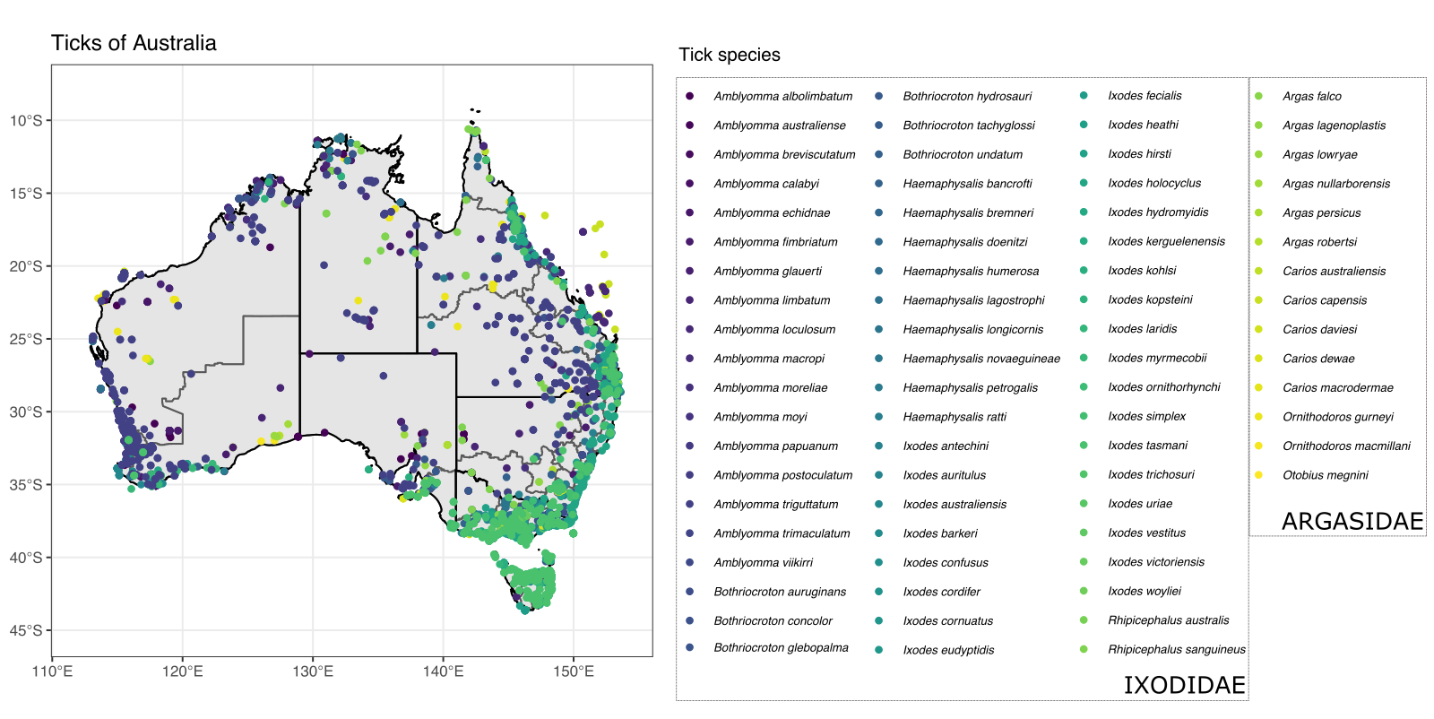 Occurrence map of all known 74 species of ticks (Acari: Ixodida) present in Australia using record curated data.