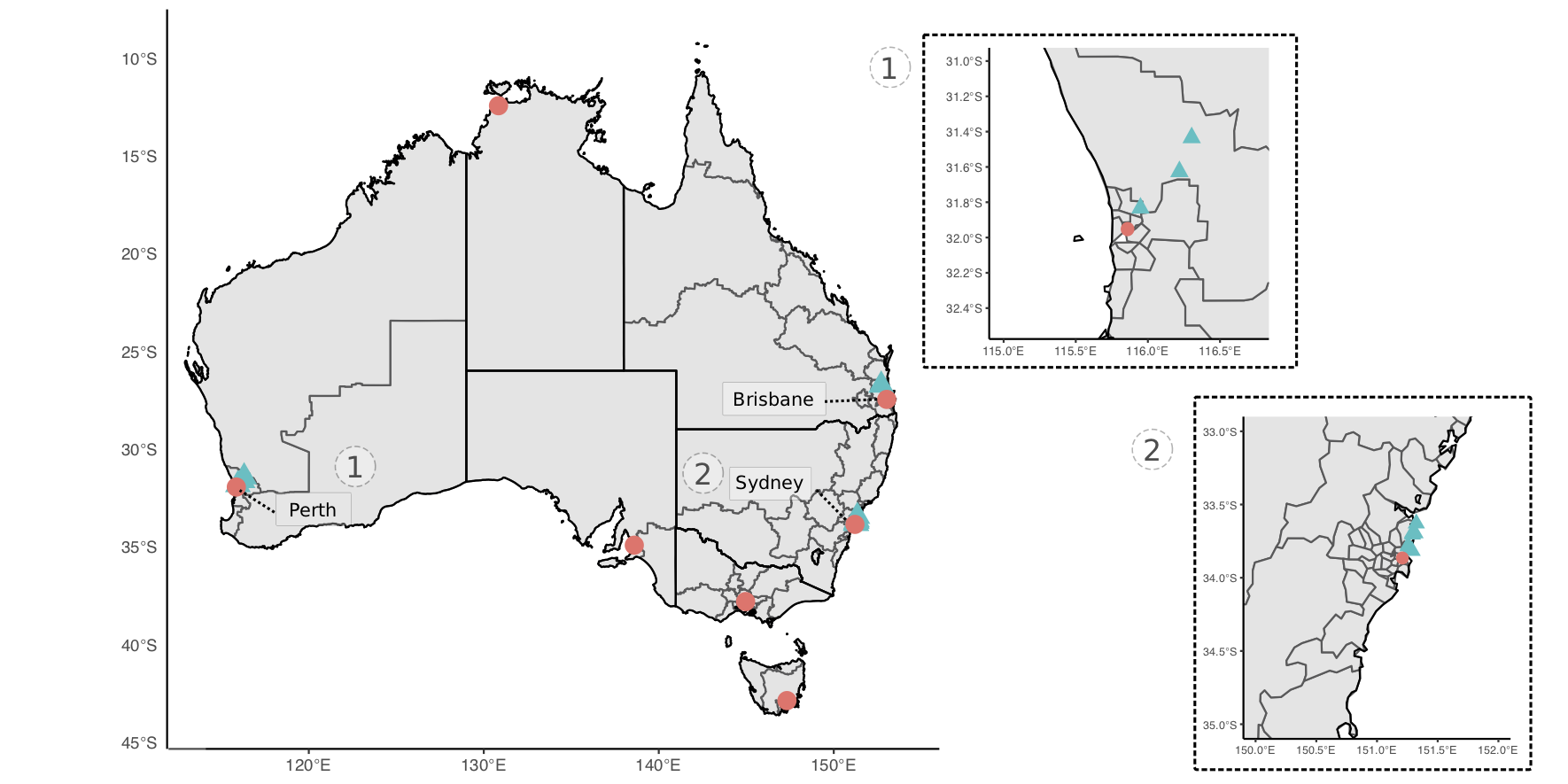 Map of study sites for collection of wildlife samples used in bacterial profiling. Sampling sites denoted by blue triangles and capital cities by pink circles (for geographical reference). Insert maps of sites in (1) Perth, Western Australia and (2) Sydney, New South Wales.