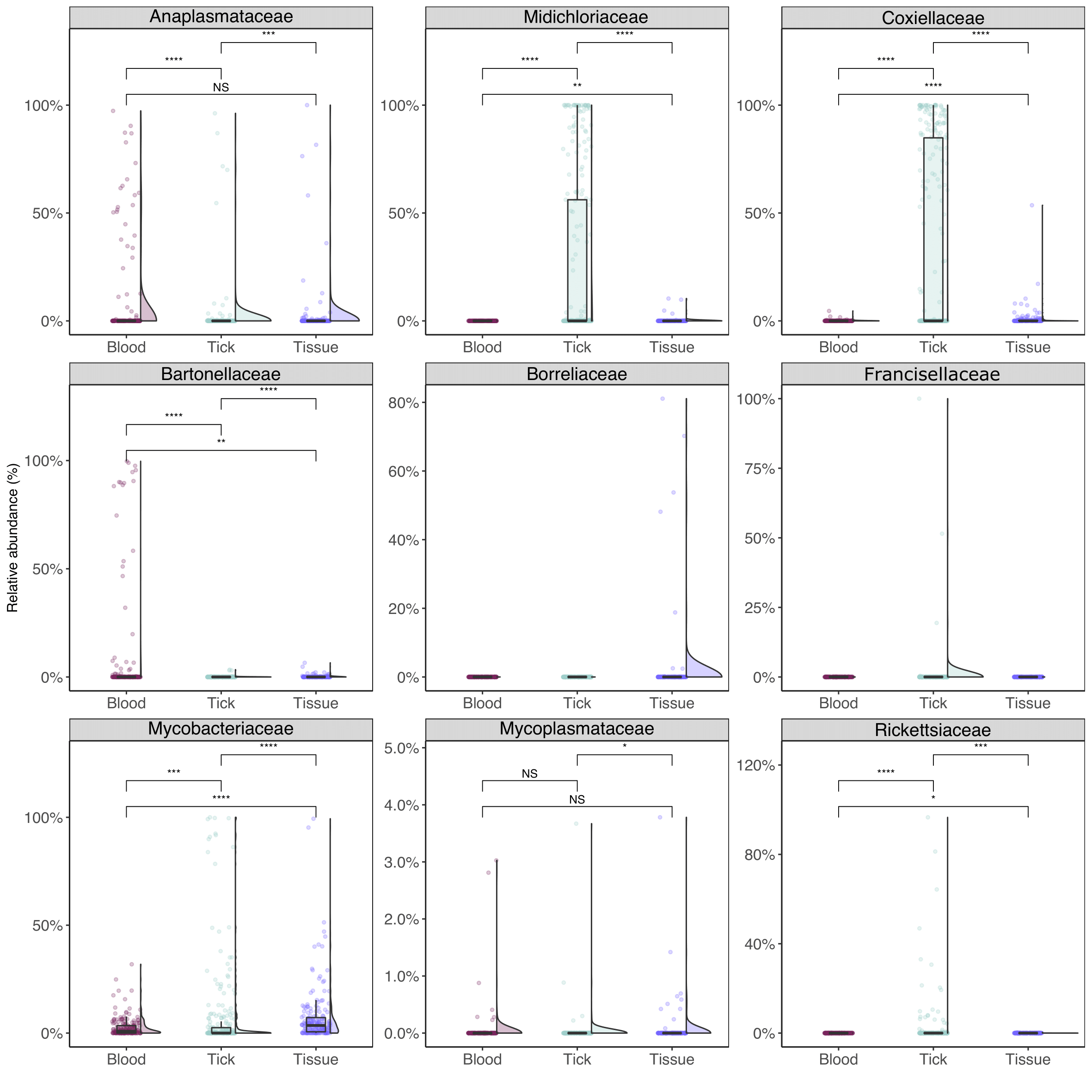 Relative abundance for select bacteria taxa of interest (aggregated to family level) from wildlife samples. Statistical analysis between sample types calculated using Wilcoxon pairwise (non-parametric) test with significance values indicated as follows: NS for P > 0.05; * for P <= 0.05; ** for P <= 0.01; *** for P <= 0.001; **** for P <= 0.0001.