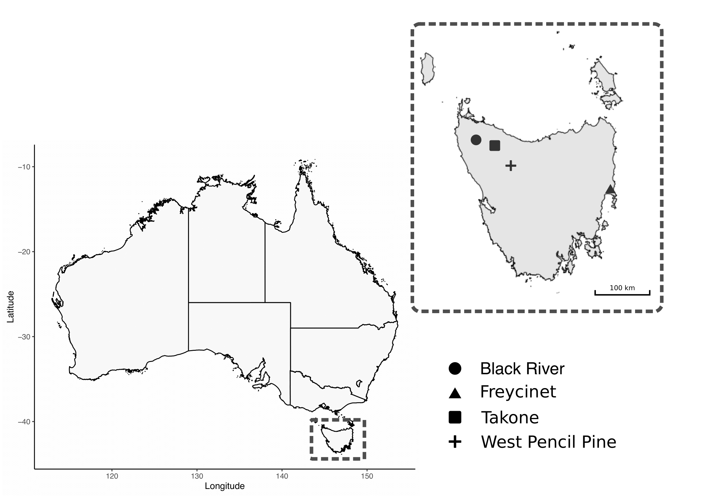 Map of study sites for field collection of Tasmanian Devil \textit{Sarcophilus harrisii}.